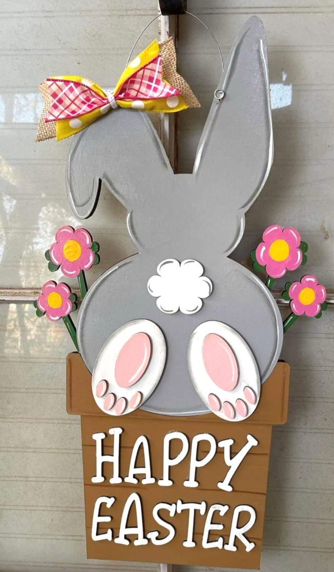 Happy Easter Bunny Flower Pot 3D Door Hanger
